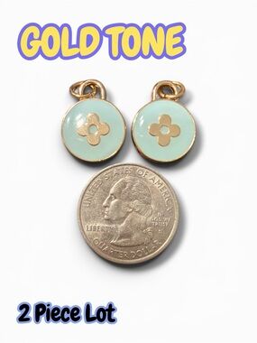 Lot of 2 Gold Tone Round Zipper Pull Button Charm